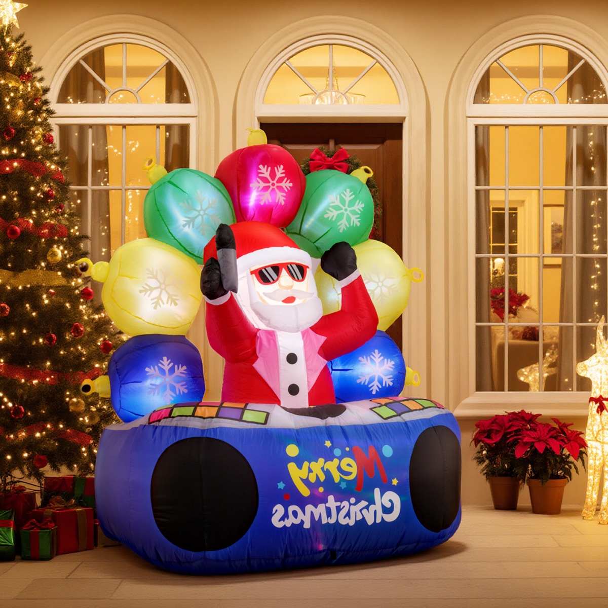CM25251US 6 ft. Inflatable DJ Santa with Rotating Music Light & Flashing LEDs, Multi Color