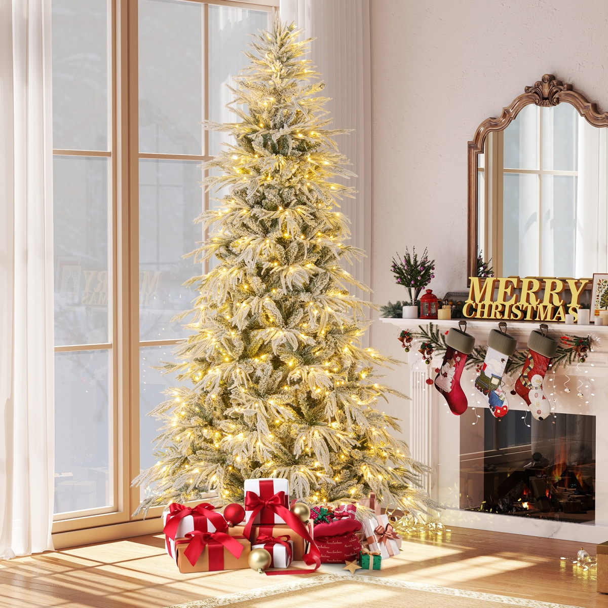 CM25279US-L 8 ft. Snow-Flocked Artificial Christmas Tree - Pre-Lit Hinged Xmas Tree with Warm White LED Lights, Green