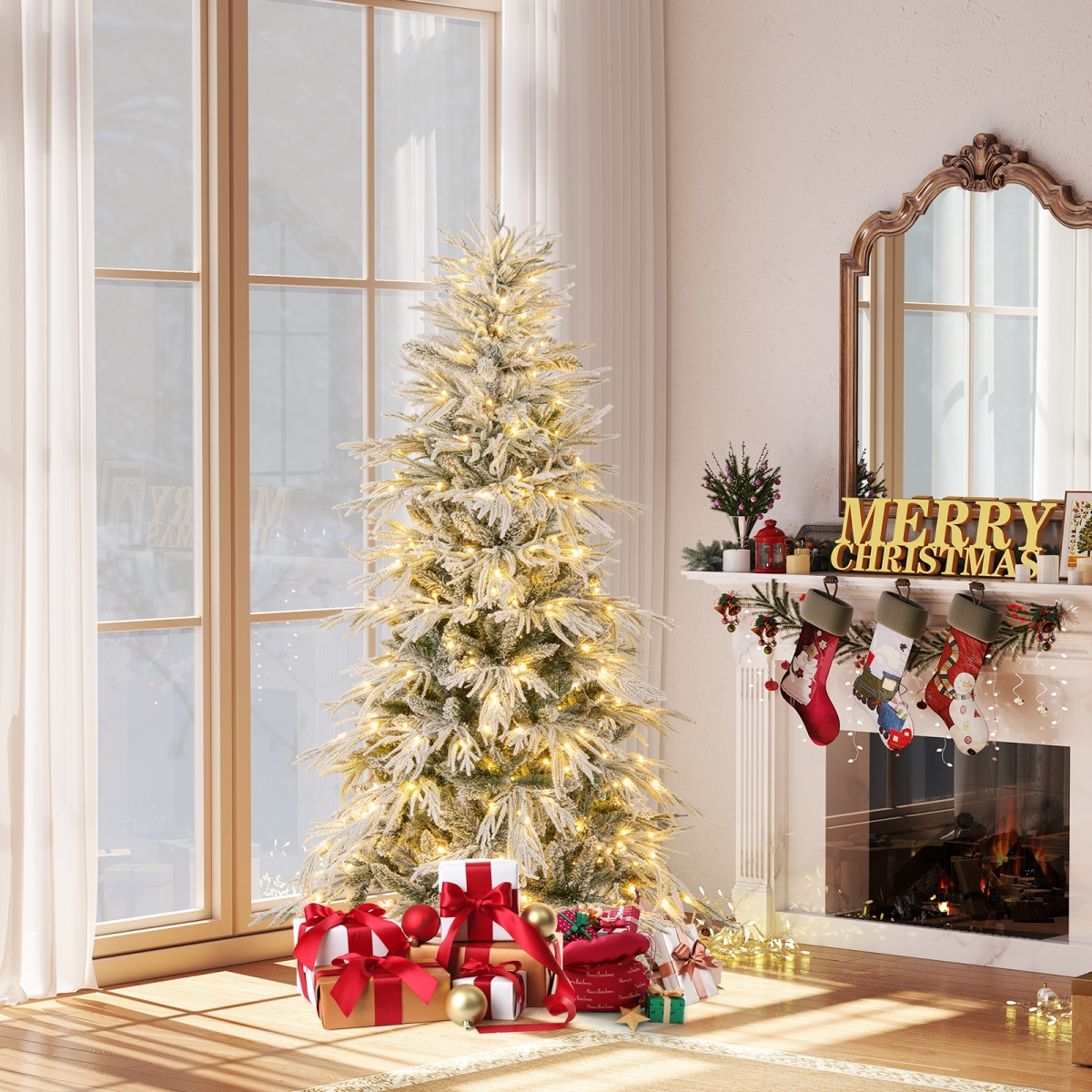 CM25279US-S 6 ft. Snow-Flocked Artificial Christmas Tree - Pre-Lit Hinged Xmas Tree with Warm White LED Lights, Green