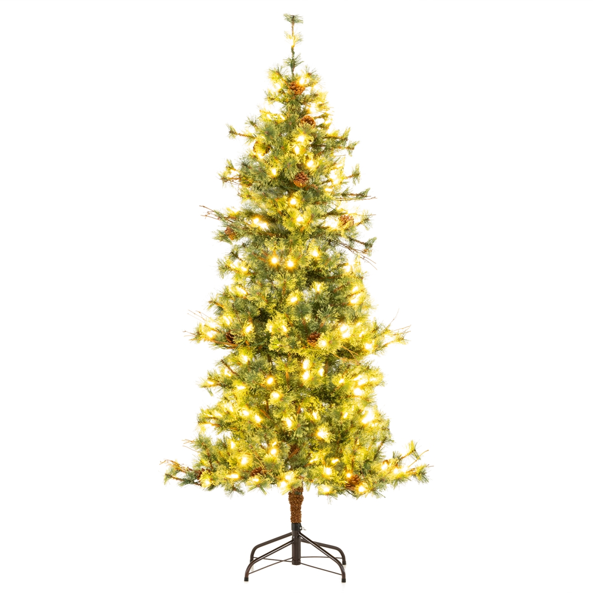 CM25277US-S 6 ft. Artificial Pre-Lit Christmas Tree - Hinged Xmas Tree with Warm White LED Lights & Pine Cones, Green