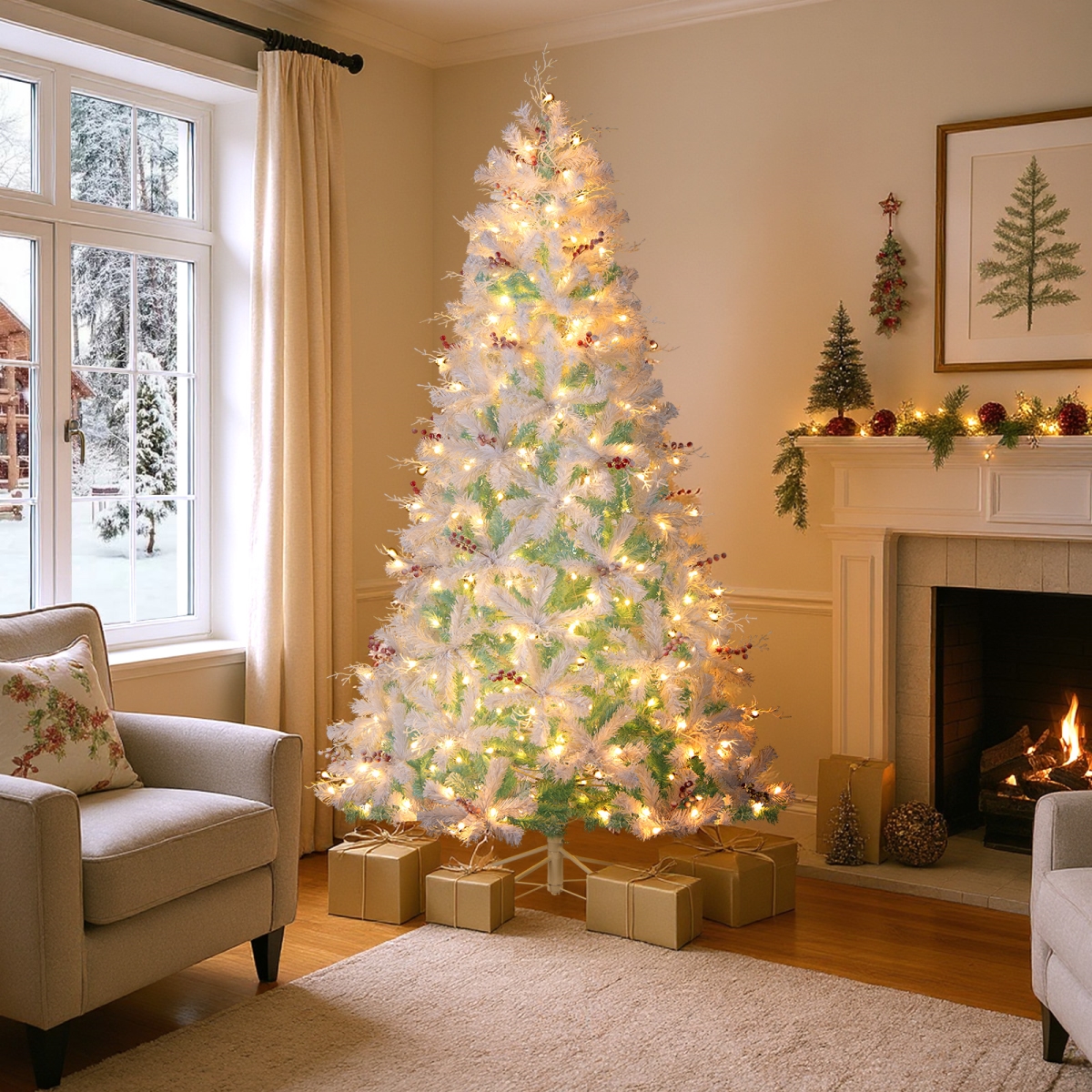 CM25281US-M Pre-Lit Artificial Christmas Tree with Snow Flocked Branch Tips, White & Lake Blue - Medium