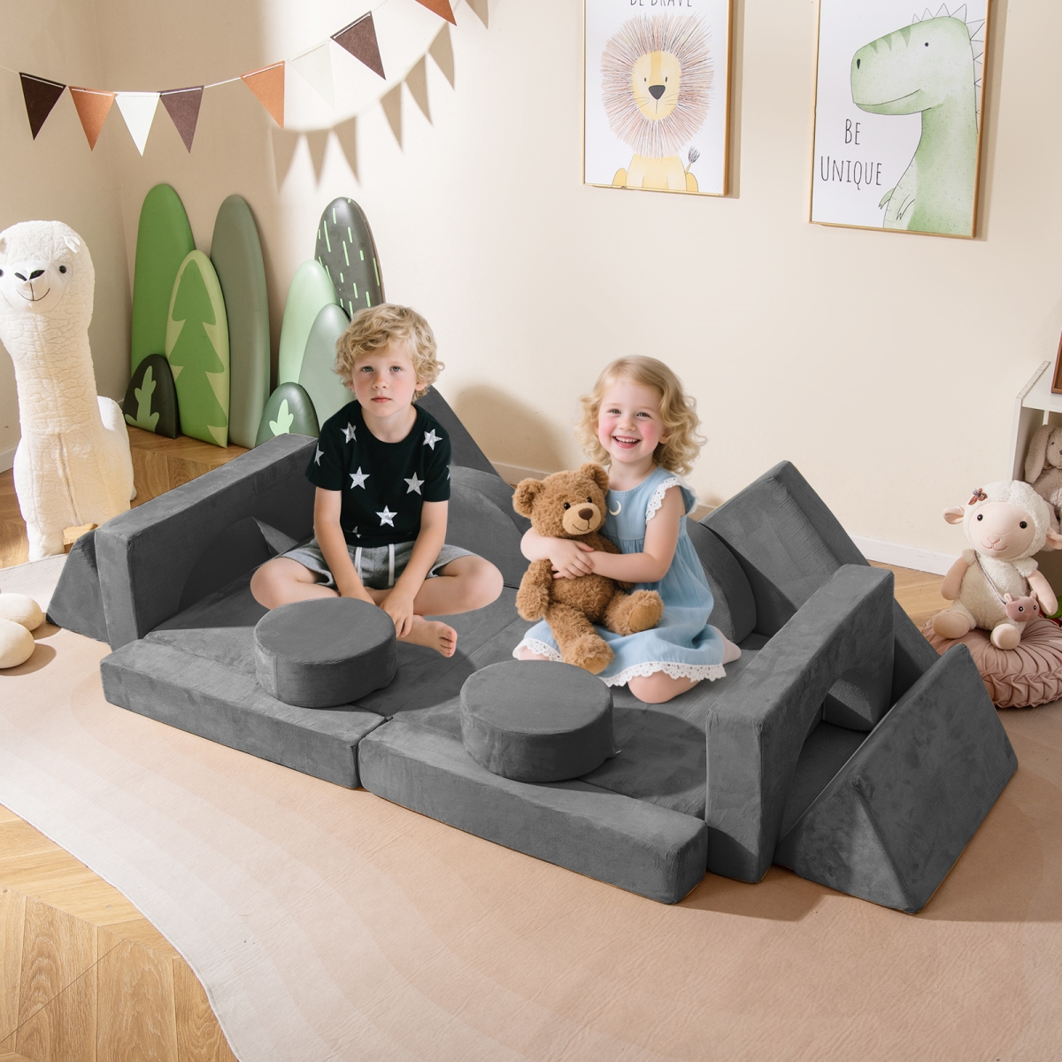 HV10743HS Modular Kids Play Couch for Playroom & Bedroom, Gray - 14 Piece