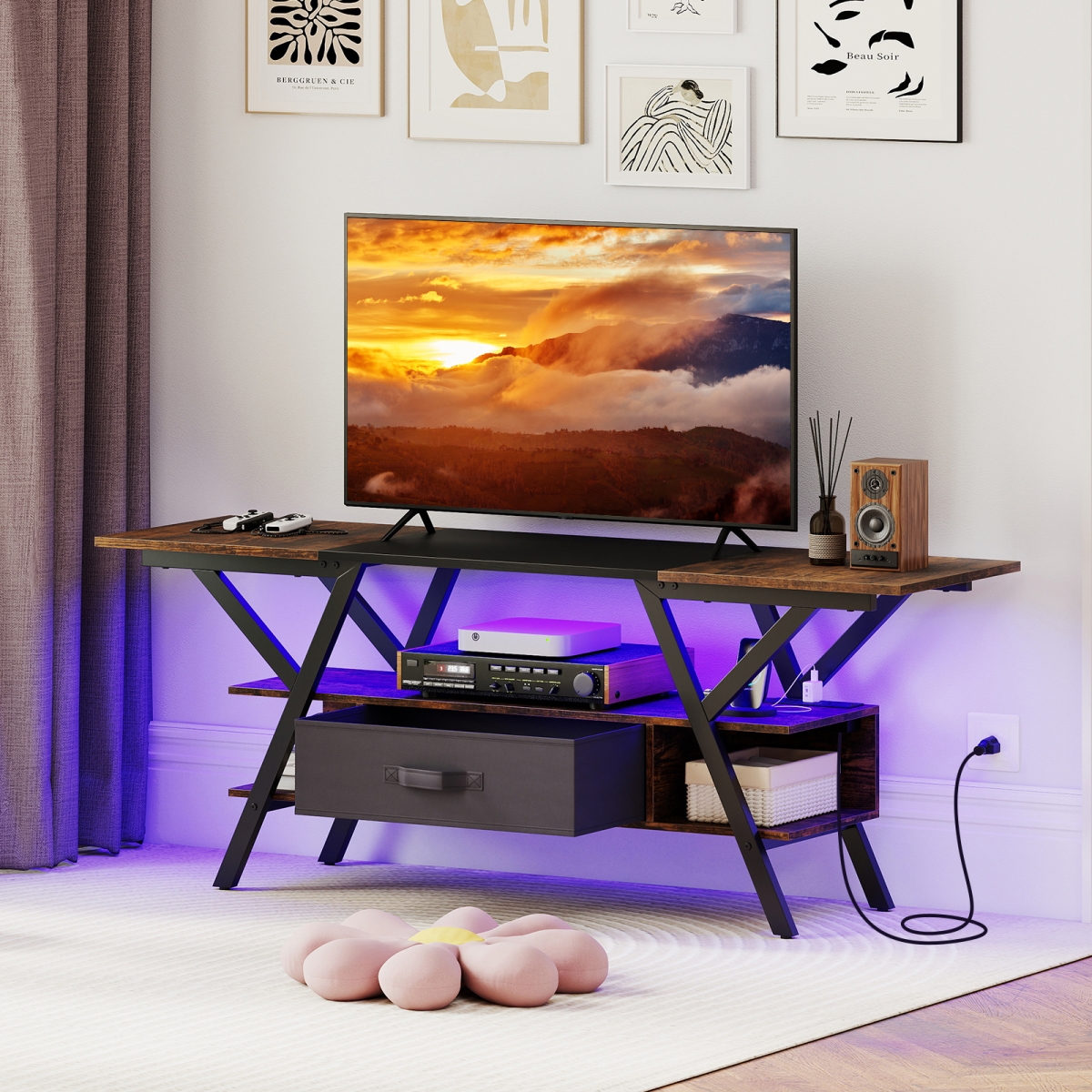 HV10753US-CF TV Stand for 65 in. TVs with Power Outlets & LED Lights, Rustic Brown