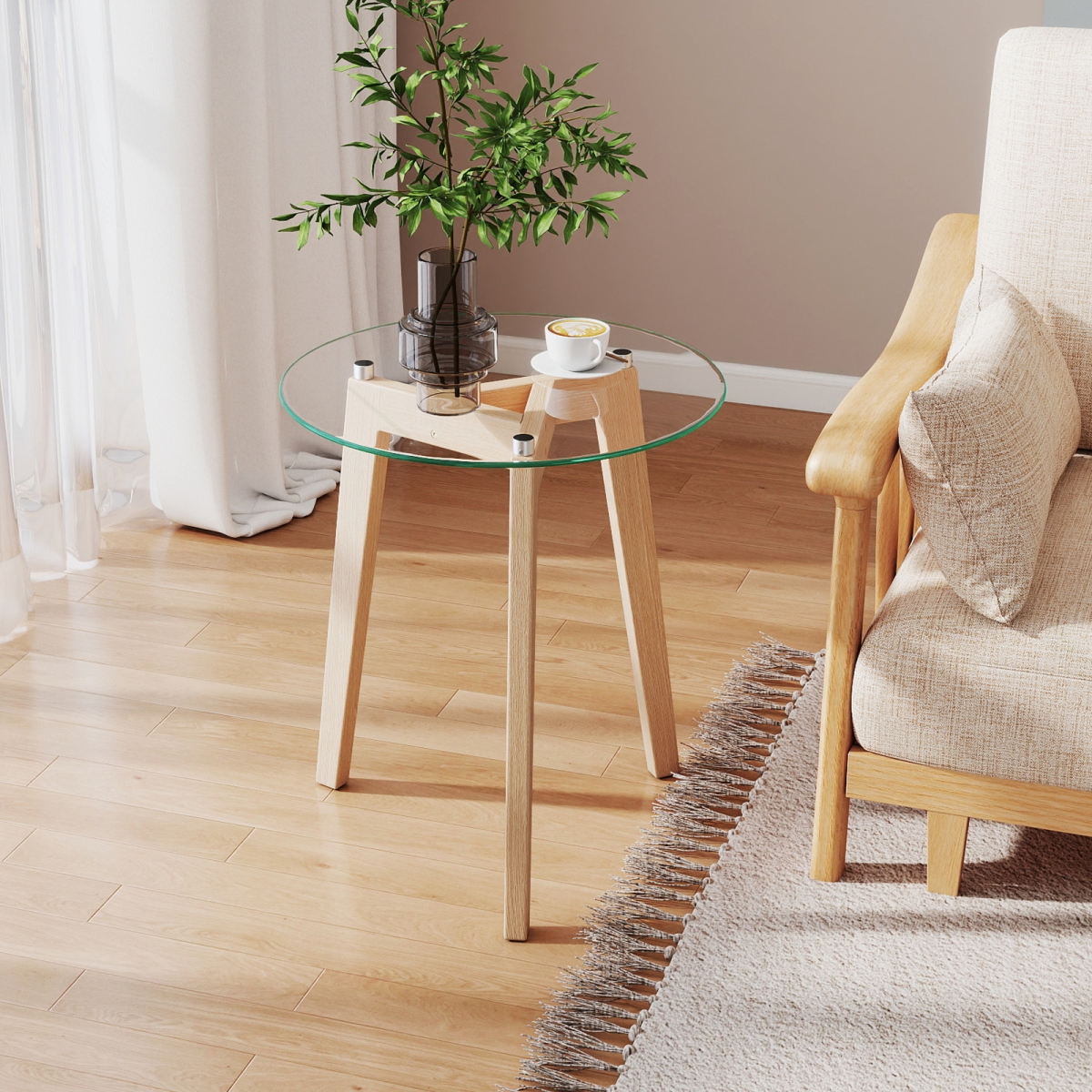 HV10895NA-1 Tempered Glass End Table Round with Solid Rubber Wood Structure, Transparent & Natural