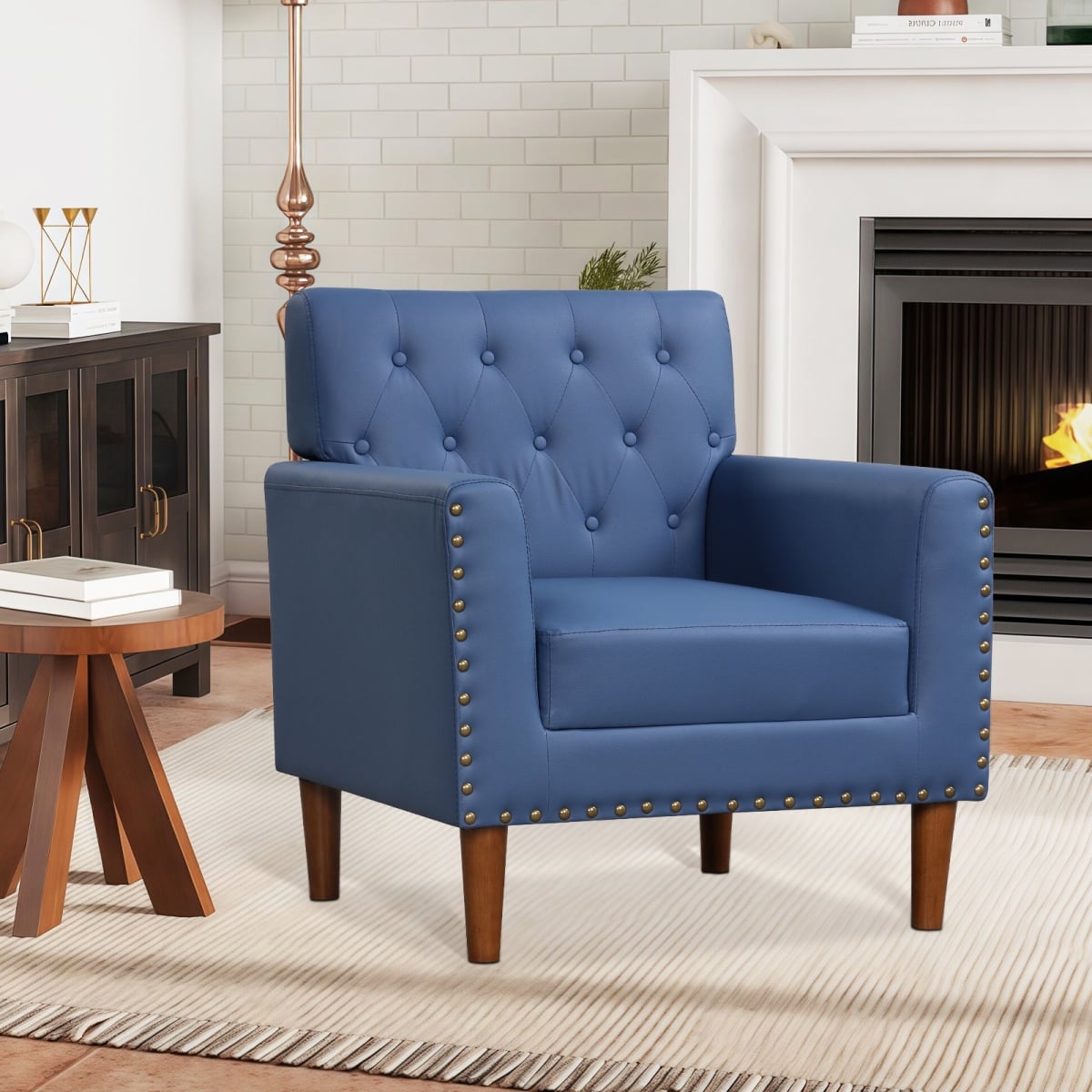 HV10905NY Mid Century Modern Accent Chair with Button Tufted Decoration & Rivets, Blue