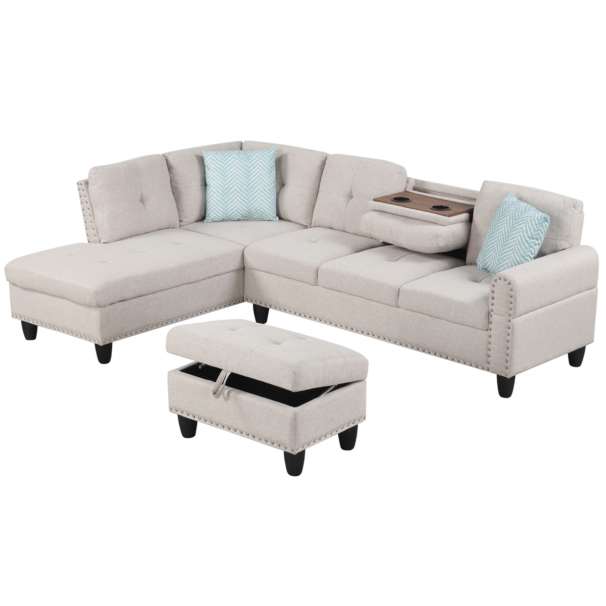 HV10919LR 98 in. Sectional Sofa Couch with Movable Storage Ottoman & Linen Fabric Backs, Dark Grey & Beige - Large