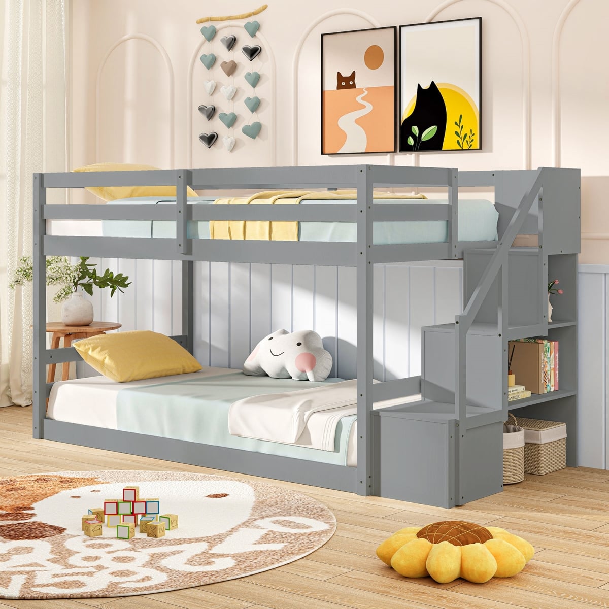 HU10918GR Twin Over Twin Size Low Bunk Bed with Storage Stairs Solid Wood Floor Bunk Bed Frame, Gray