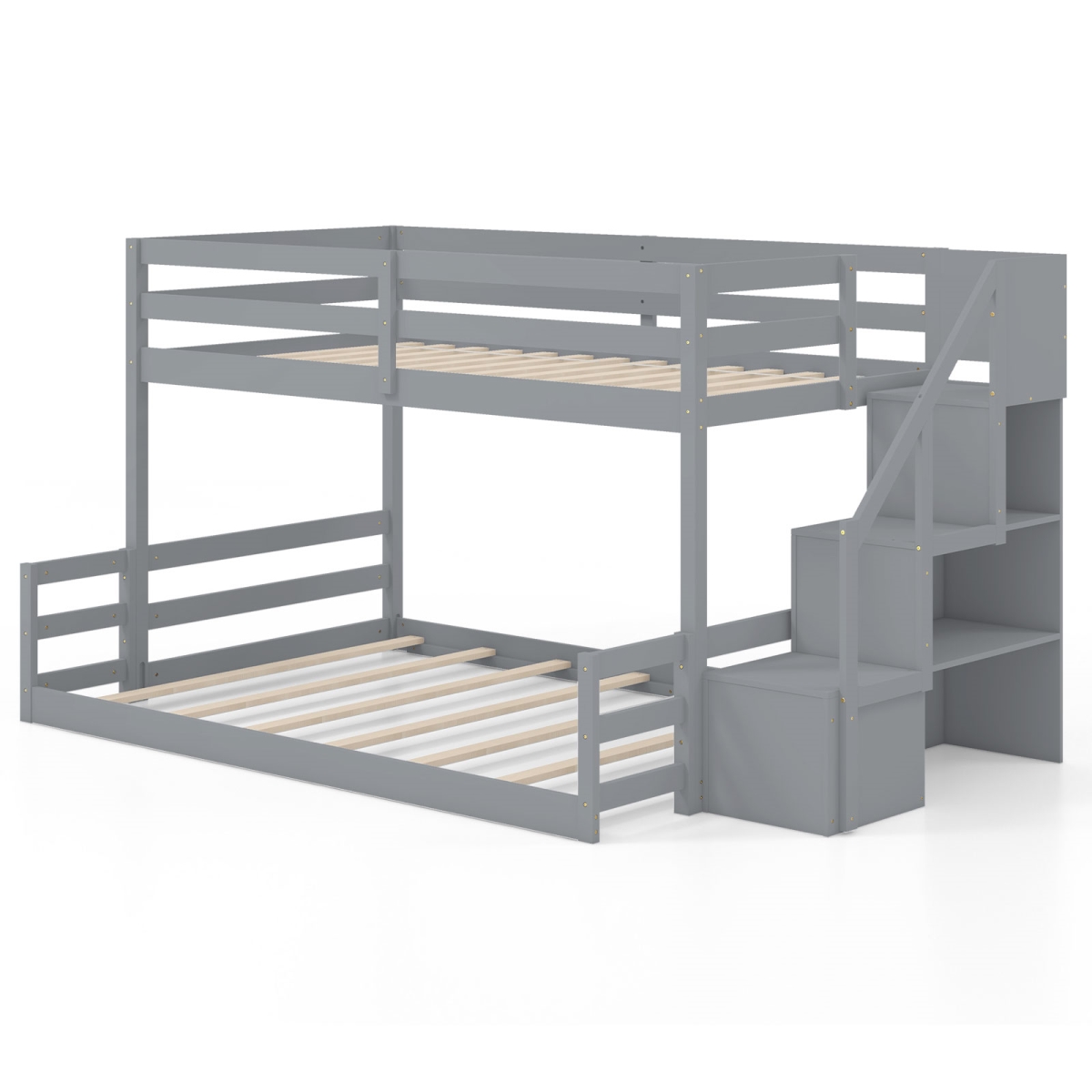HU10919GR Solid Wood Twin Over Full Size Low Bunk Bed with Storage Stairs, Gray