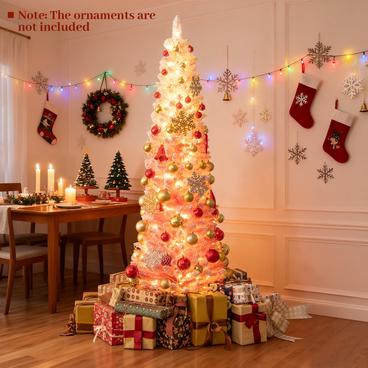 CM25186US-6 6 ft. Snow-Flocked Artificial Christmas Tree - Pre-Lit Hinged Xmas Tree for Holiday Decoration, Pink