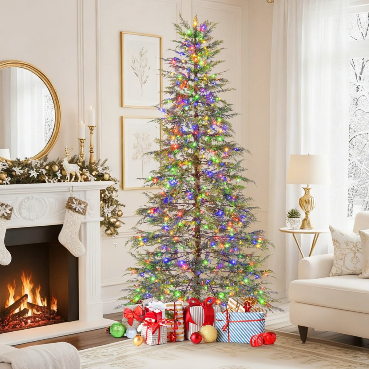 CM25193US-M 7.5 ft. Artificial Christmas Tree with Branch Tips & Colorful LED Lights, Green