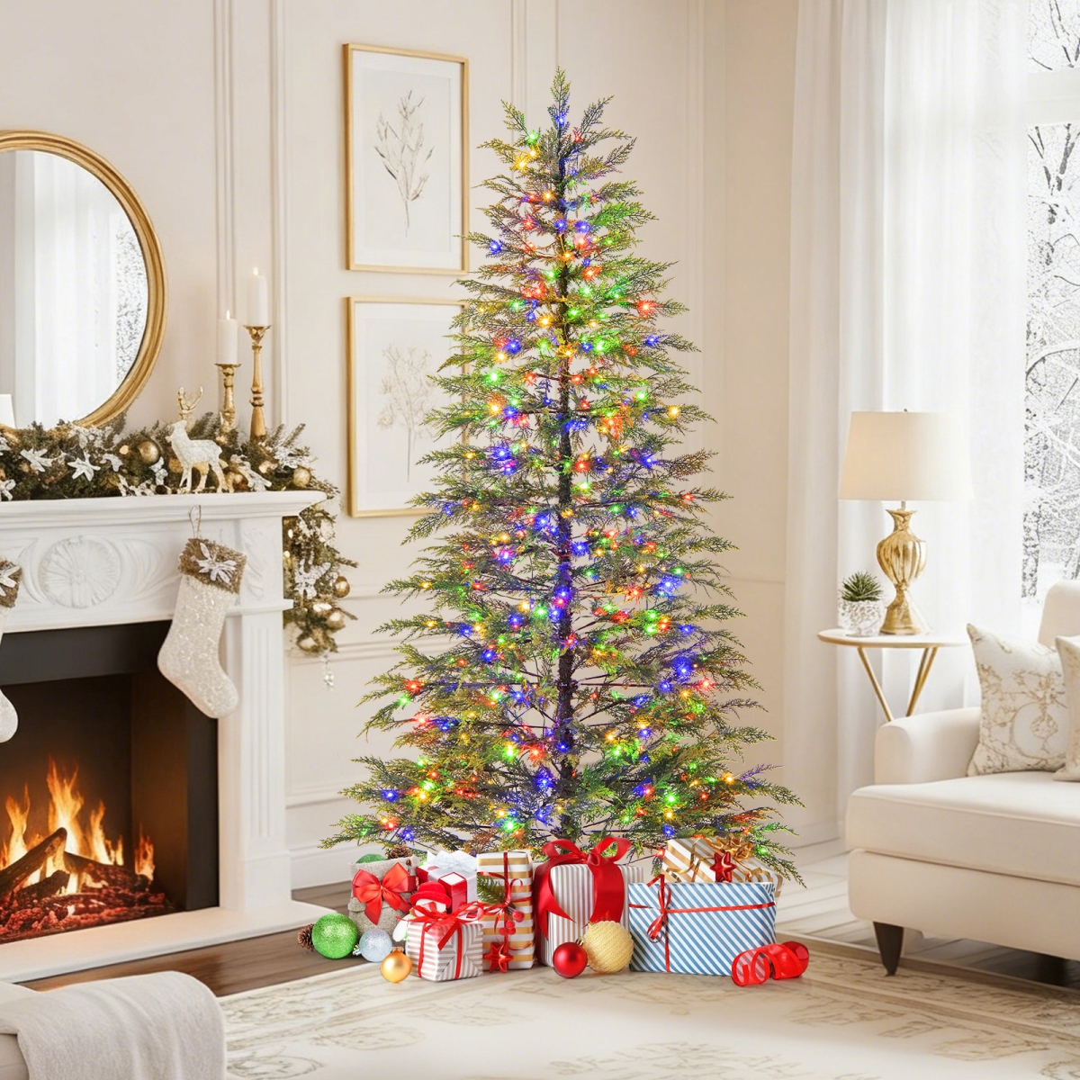 CM25193US-S 6.5 ft. Artificial Christmas Tree with Branch Tips & Colorful LED Lights, Green