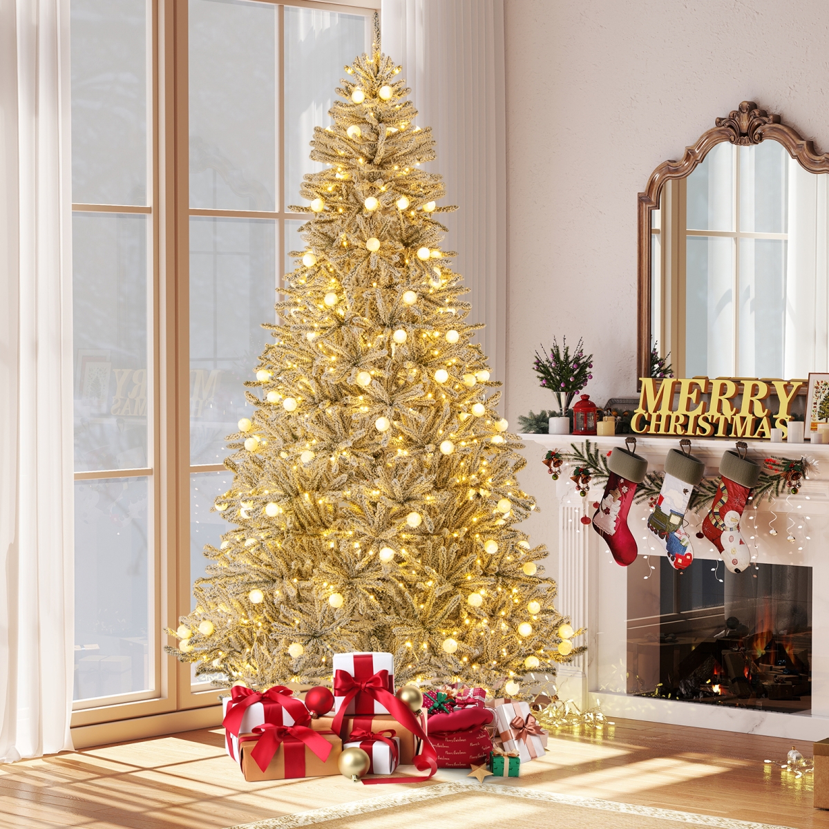 CM25270US-L 8 ft. Snow-Flocked Artificial Christmas Tree - Pre-Lit Hinged with 81 Sphere Lights & Remote, Green & White