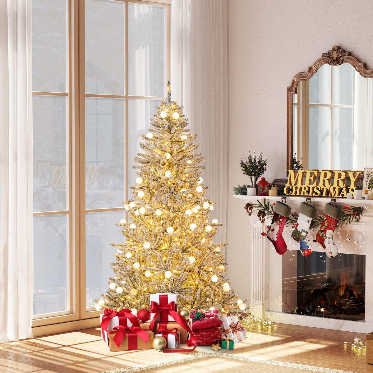 CM25270US-S 6 ft. Snow-Flocked Artificial Christmas Tree - Pre-Lit Hinged with 81 Sphere Lights & Remote, Green & White