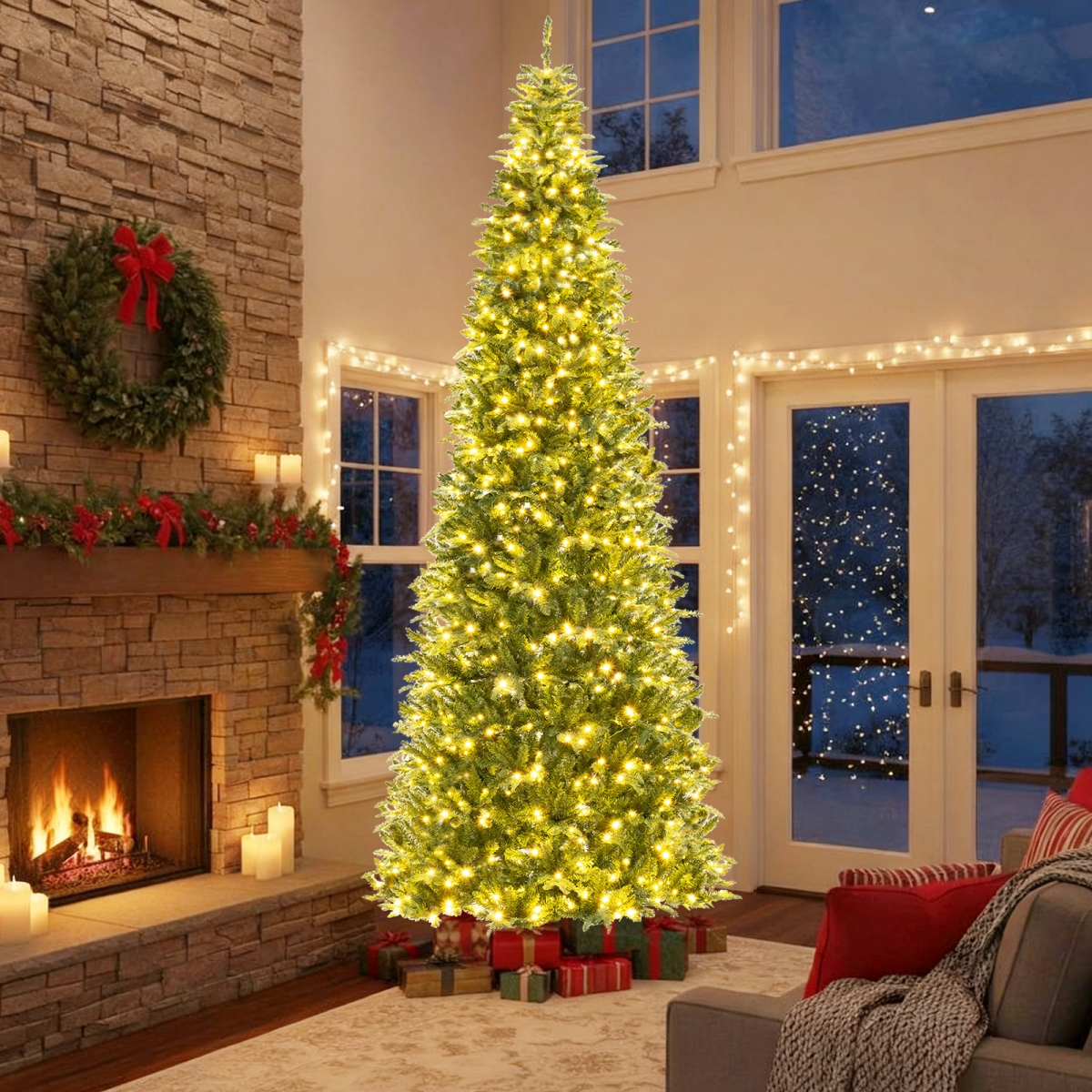 CM25284US 12 ft. Tall Pre-Lit Hinged Artificial Christmas Tree with 2517 PVC PE Branch Tips, Green