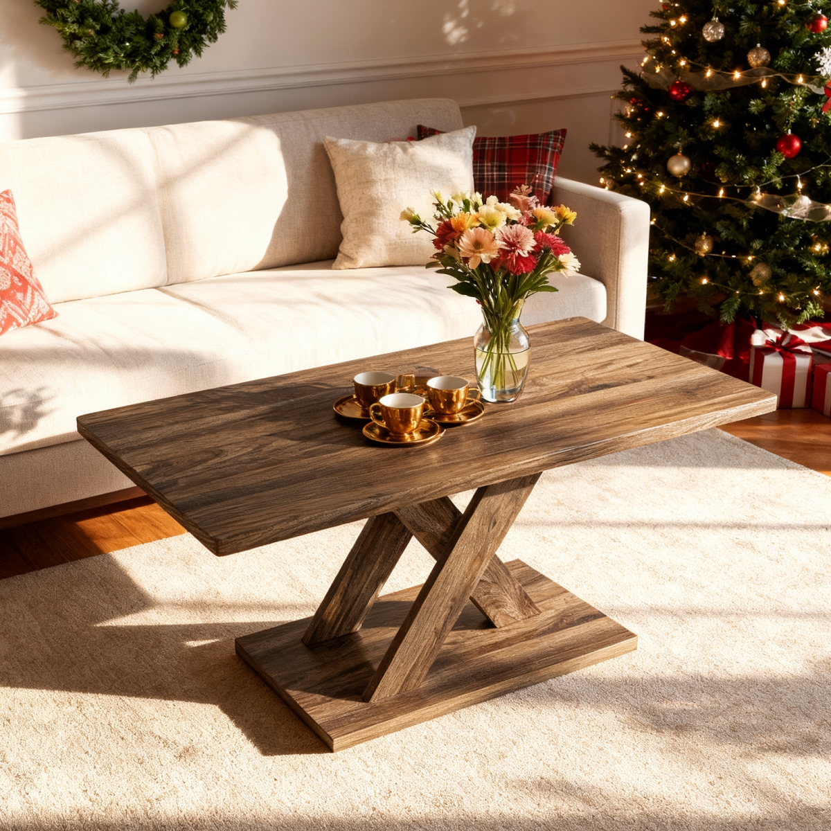 HV10846BN 37.5 in. Rectangular Coffee Table with Stable Base & Rubber Wood Connection for Living Room, Brown