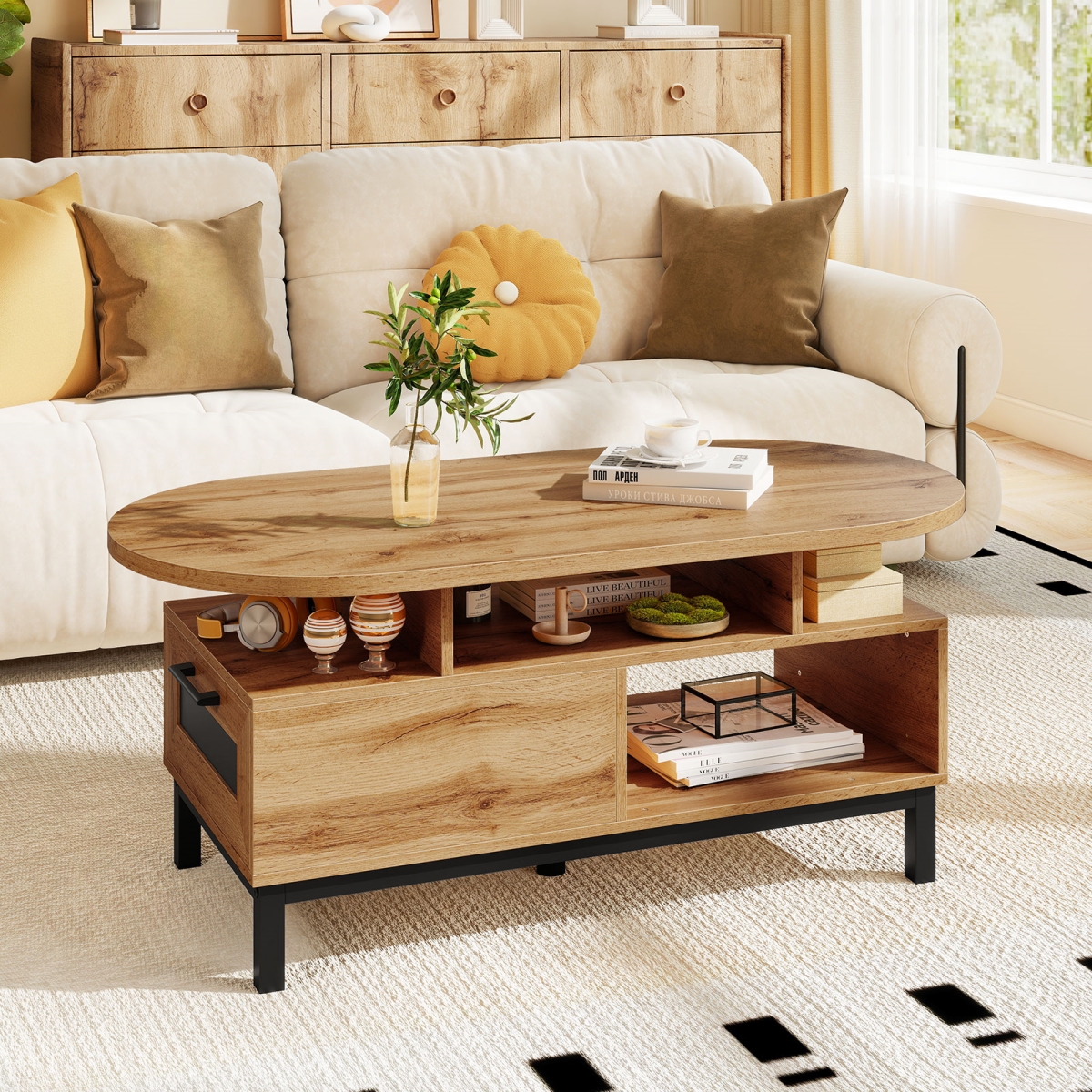 HV10856NA 47 in. Oval Coffee Table with Storage & Open Compartments for Living Room, Natural