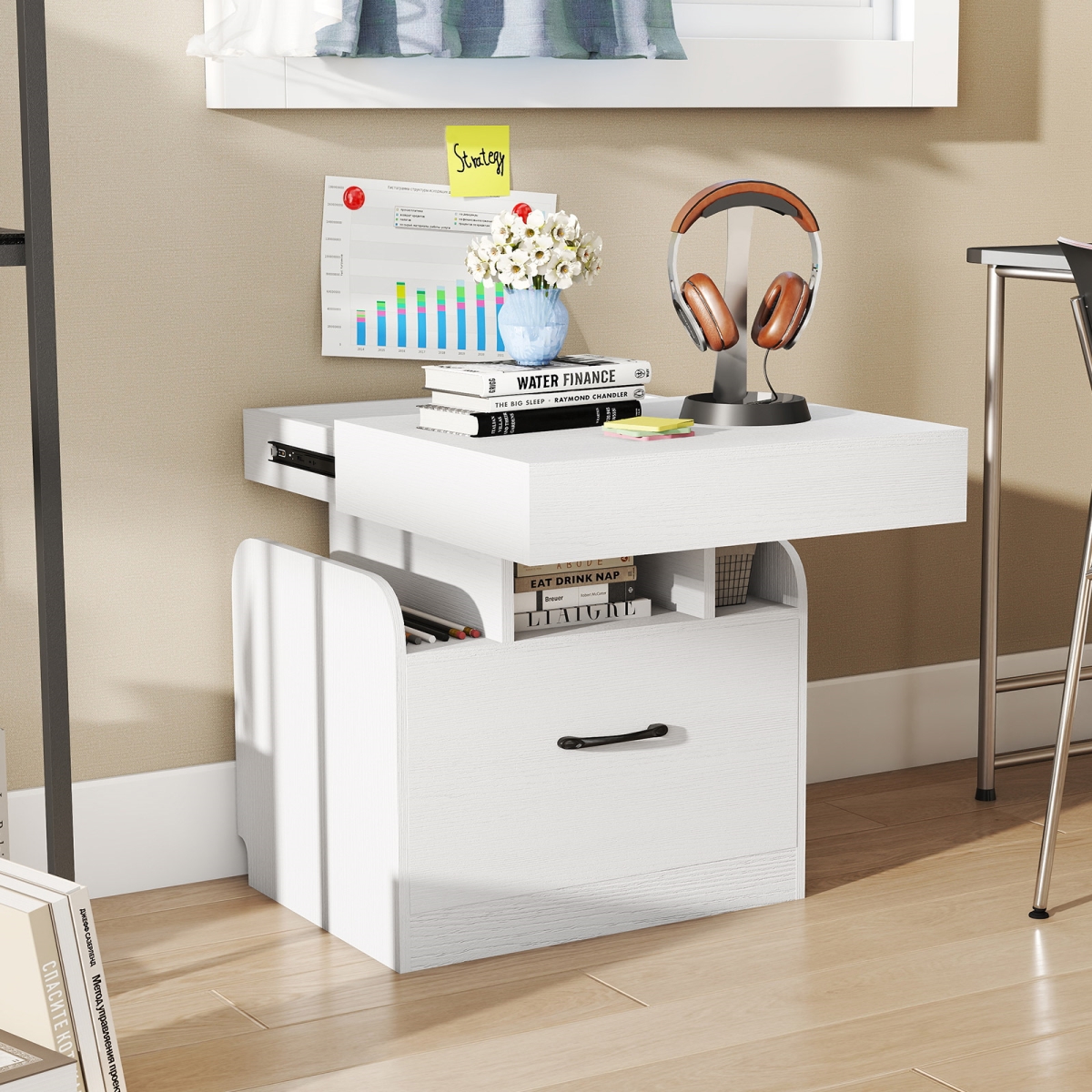 HU11068US-WH Nightstand with Charging Station Modern Bedside Table for Living Room Bedroom Office, White