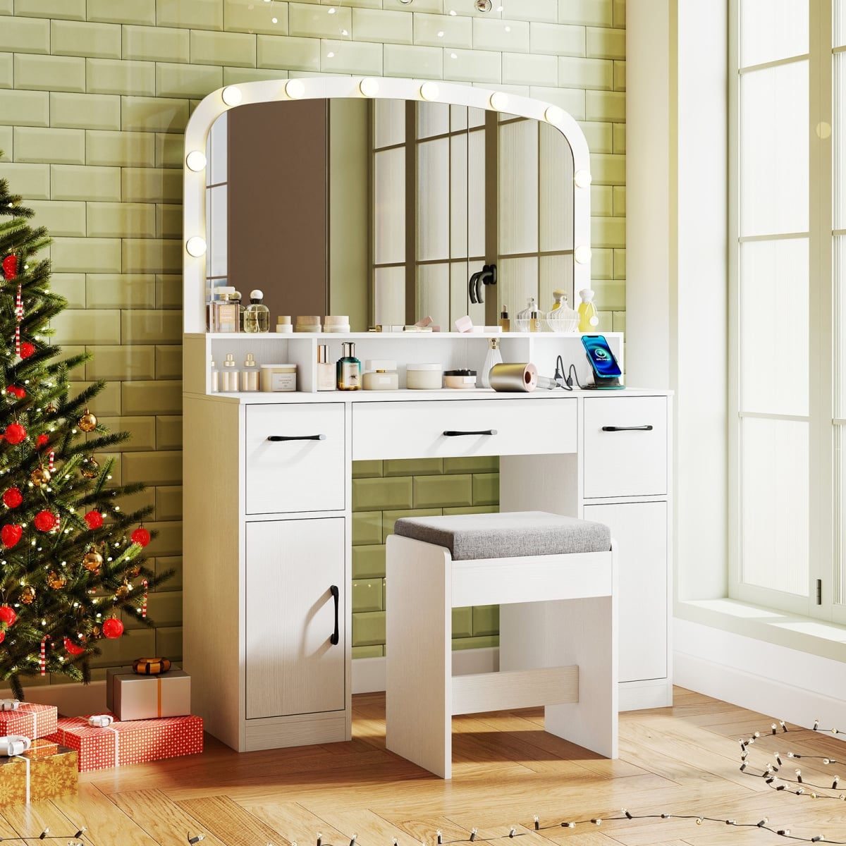 HU11089US-WH Vanity Desk Makeup Table with Stool 3-Color Lights & Charging Station, White