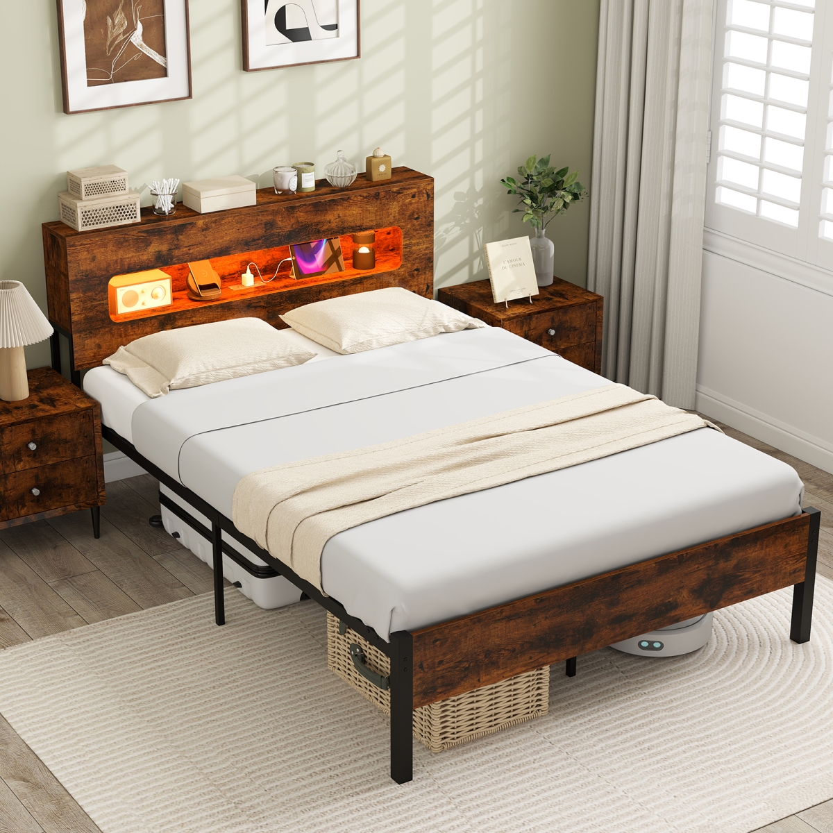 HU11100US-F Slatted Bed Frame with LED Lights & Storage Headboard No Box Spring Needed, Rustic Brown & Black - Full Size