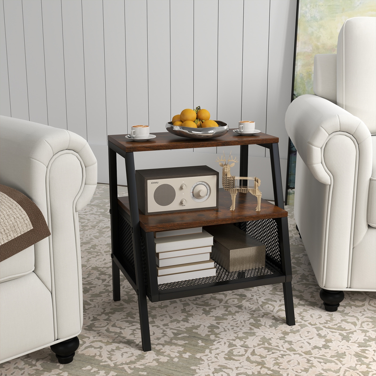 HU11157CF Industrial Nightstand 3-Tier End Table with 2 Open Shelves & Metal Mesh Compartment, Rustic Brown