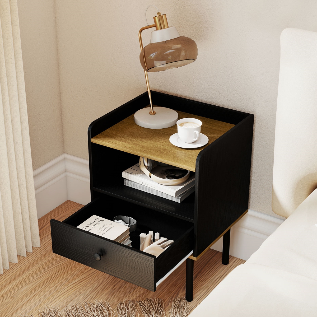 HU11173DK-1 Nightstand with Drawer 3-Tier Sofa Side Table with Open Storage Shelf, Black