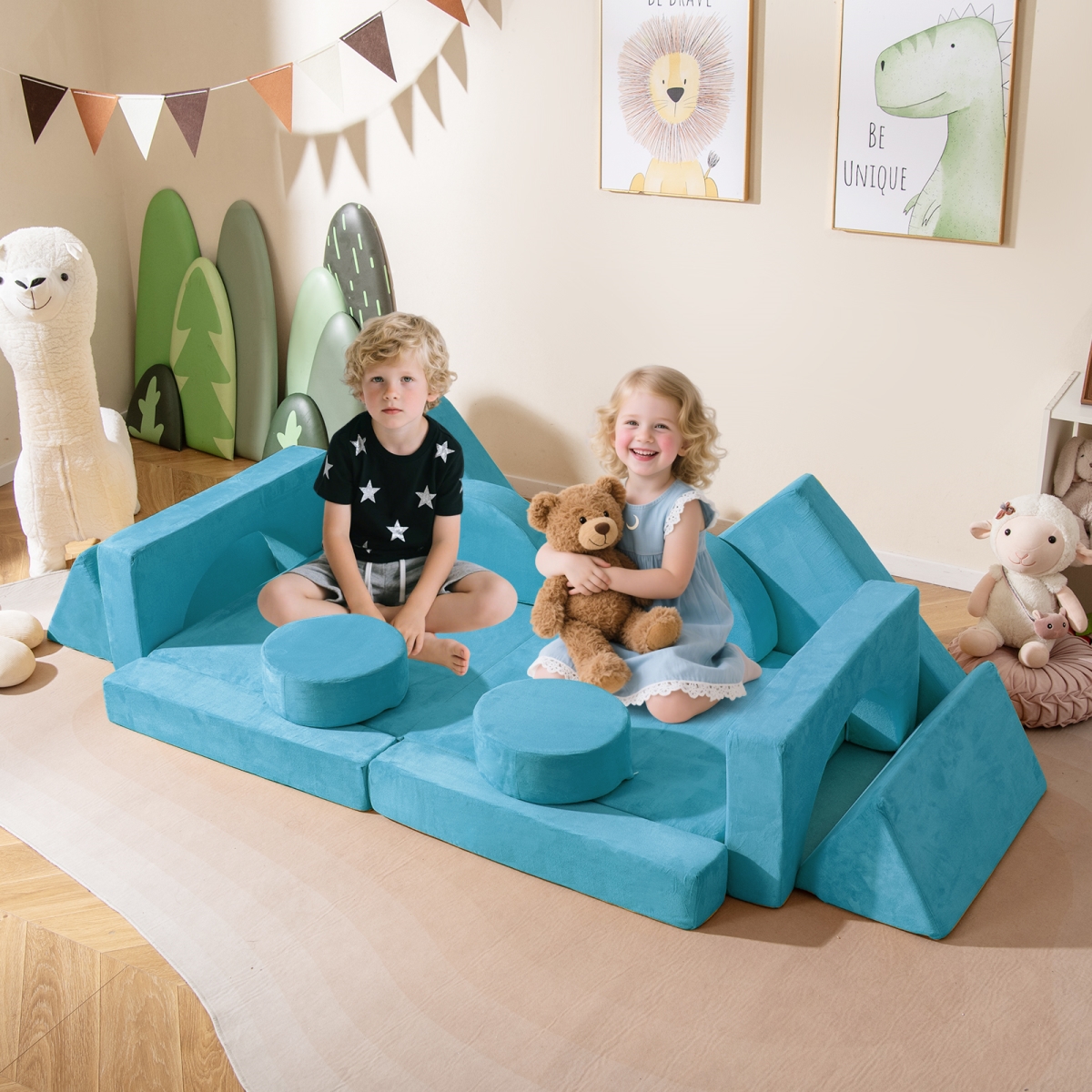 HV10743BL Modular Kids Play Couch for Playroom & Bedroom, Blue - 14 Piece