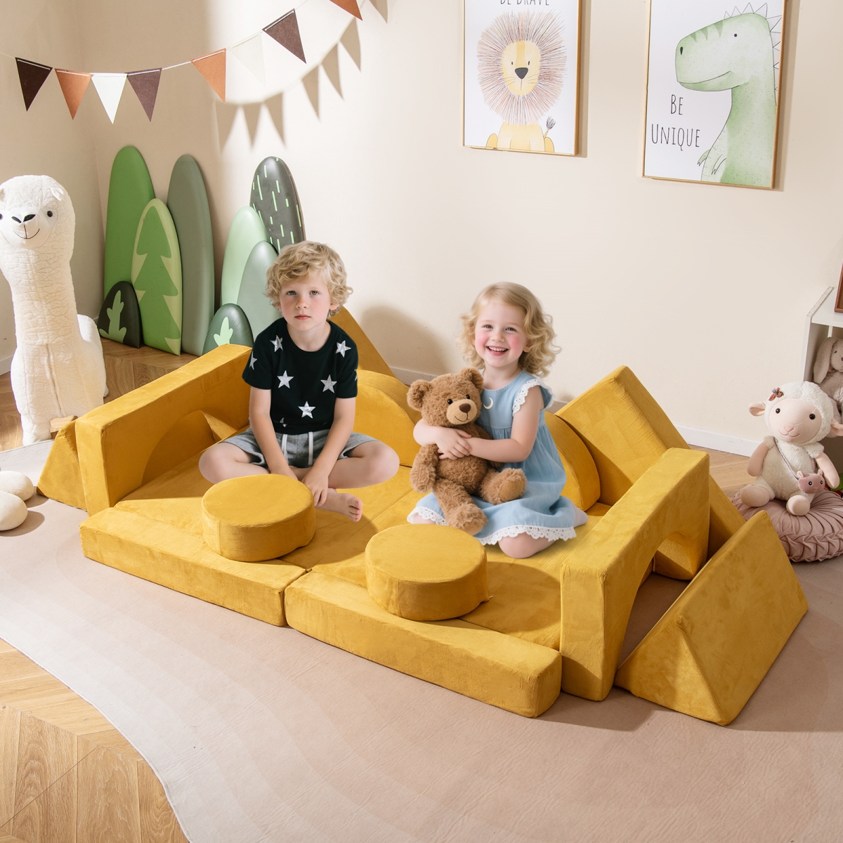 HV10743YW Modular Kids Play Couch for Playroom & Bedroom, Yellow - 14 Piece