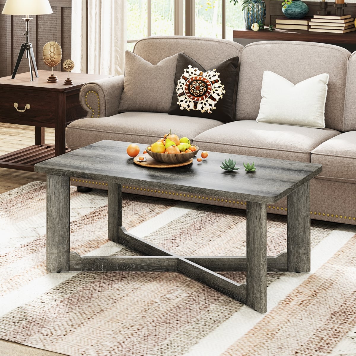 HV10793GR Rectangle Coffee Table Rubber Wood Base with X-Shaped Base, Gray