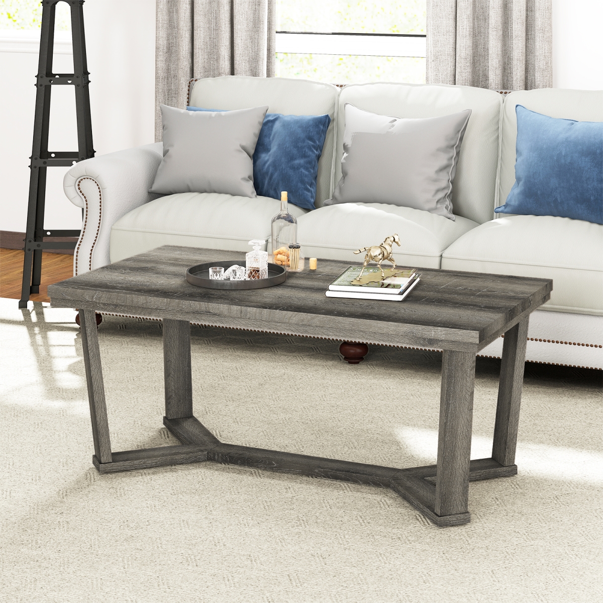 HV10794GR Rectangle Coffee Table Rubber Wood Base with Cross-Shaped Base, Gray
