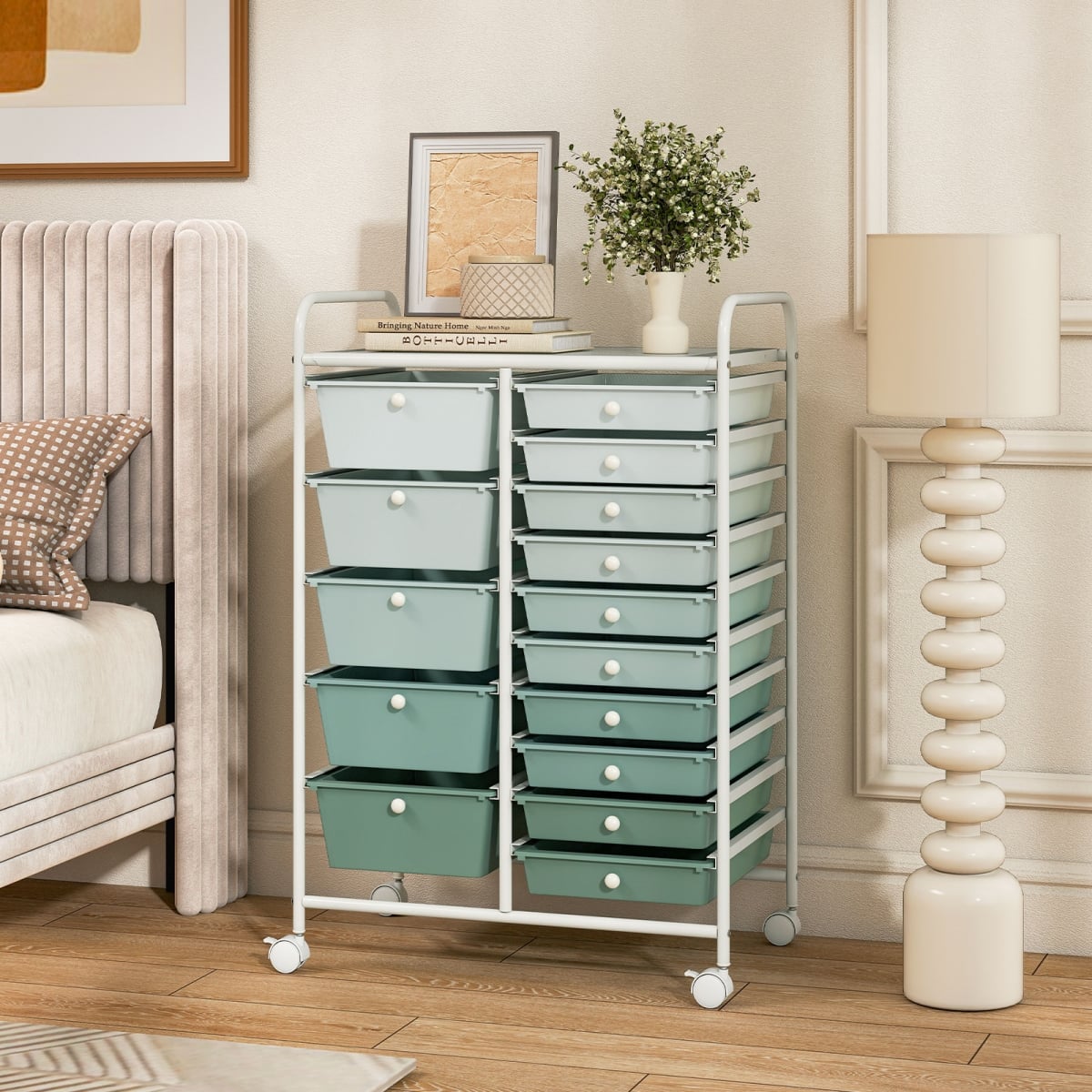 HW53825QR 15-Drawer Utility Rolling Cart with Drawers Multi-Use Storage, Lime Green