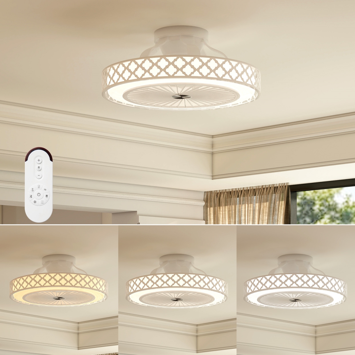 EU10174US-WH 19 in. Ceiling Fan with Light Low Profile Flush Mount Fan, White