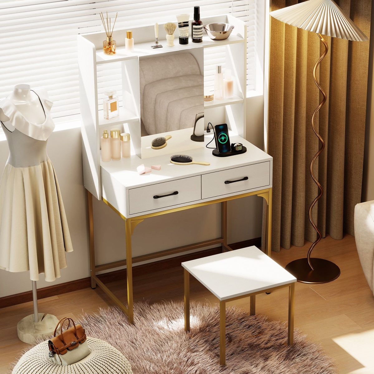 HU11077US-WH Vanity Desk with Storage Drawers & Charging Station, White