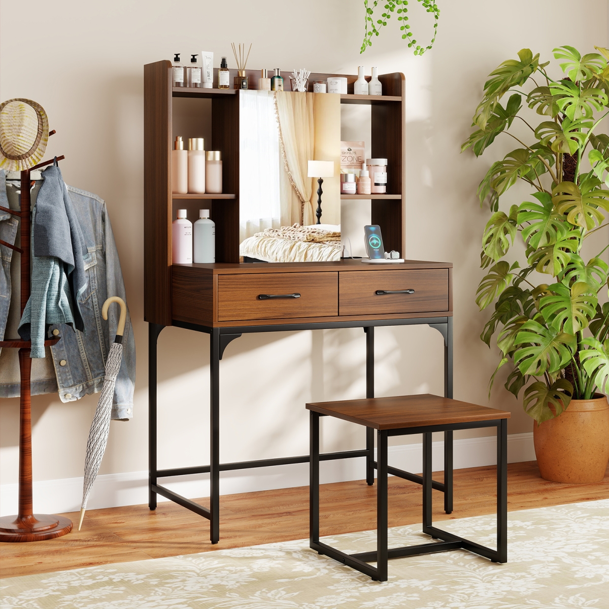 HU11077US-WT Vanity Desk with Storage Drawers & Charging Station, Walnut