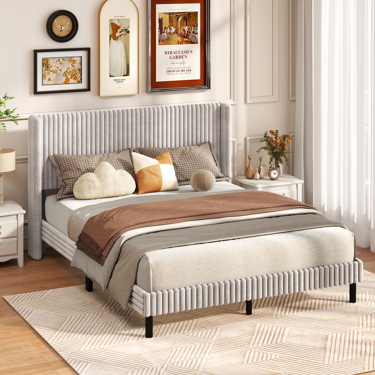 HU11138WH Velvet Bed Frame with Vertical Channel Tufted Wingback Headboard, White - Queen Size