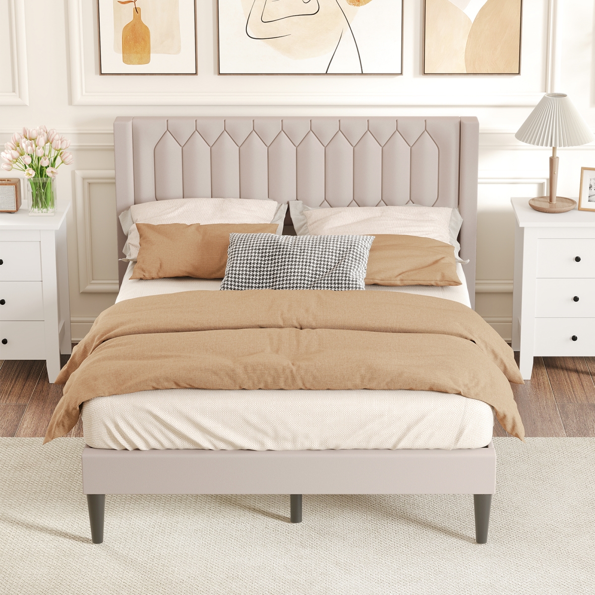 HU11284BE-Q Dutch Velvet & Linen Fabric Upholstered Platform Bed with Wingback Headboard & Wooden Slat Support, Beige - Queen Size