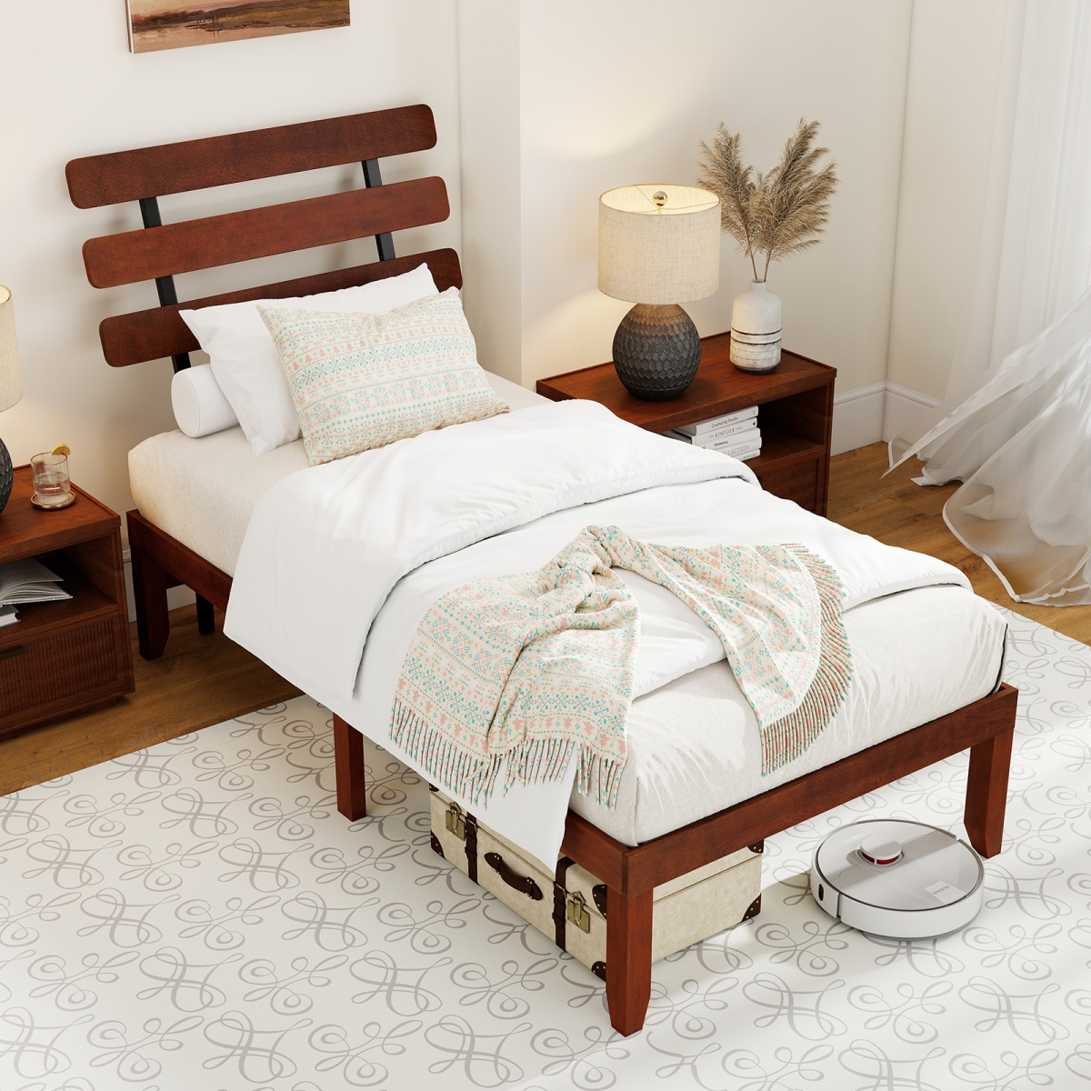 HU11013WN-T 15.5 in. Bed Frame Solid Wood Platform Bed with Retro Headboard, Walnut - Twin Size