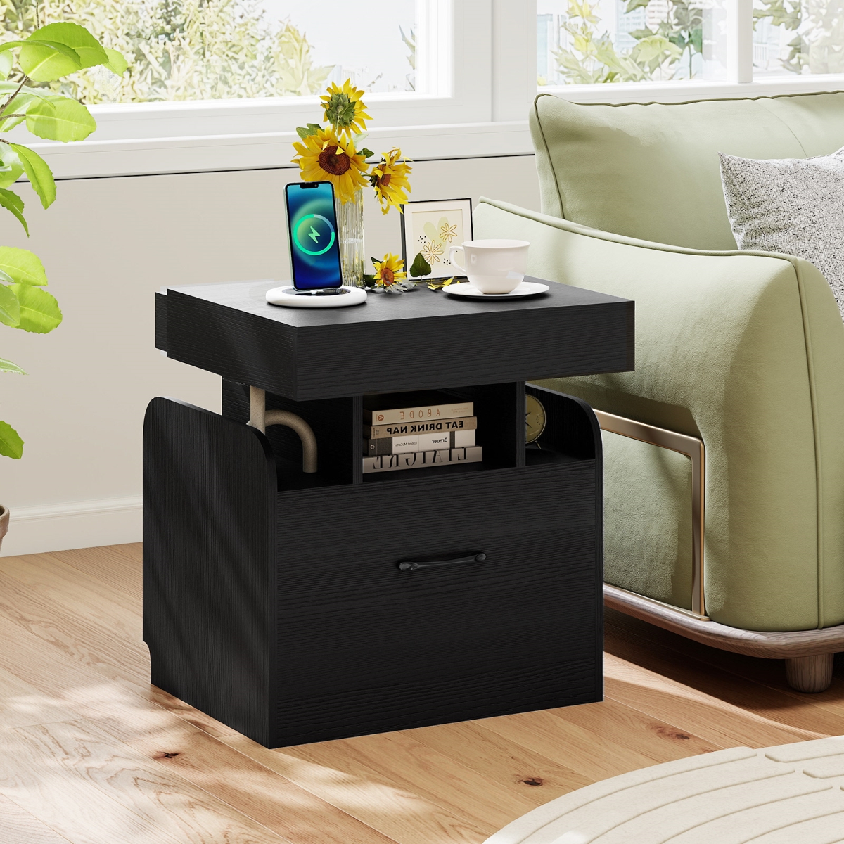 HU11068US-DK Nightstand with Charging Station Modern Bedside Table for Living Room Bedroom Office, Black