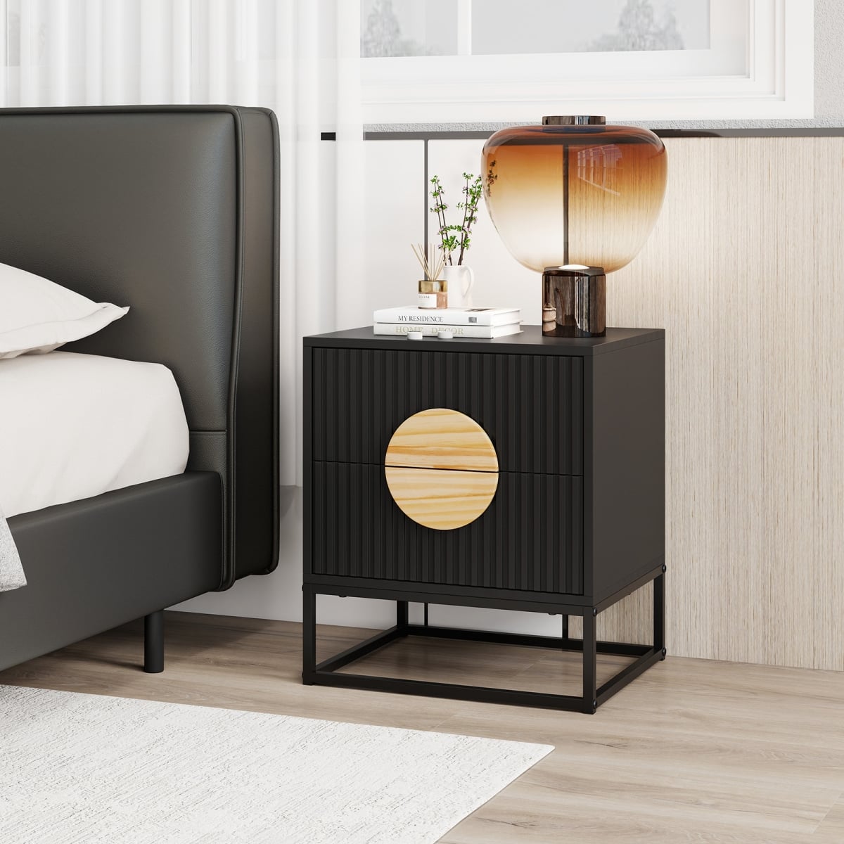 HU11079DK Modern Mid Century Fluted Nightstand with 2 Drawers & Pine Wood Handles for Bedroom, Black