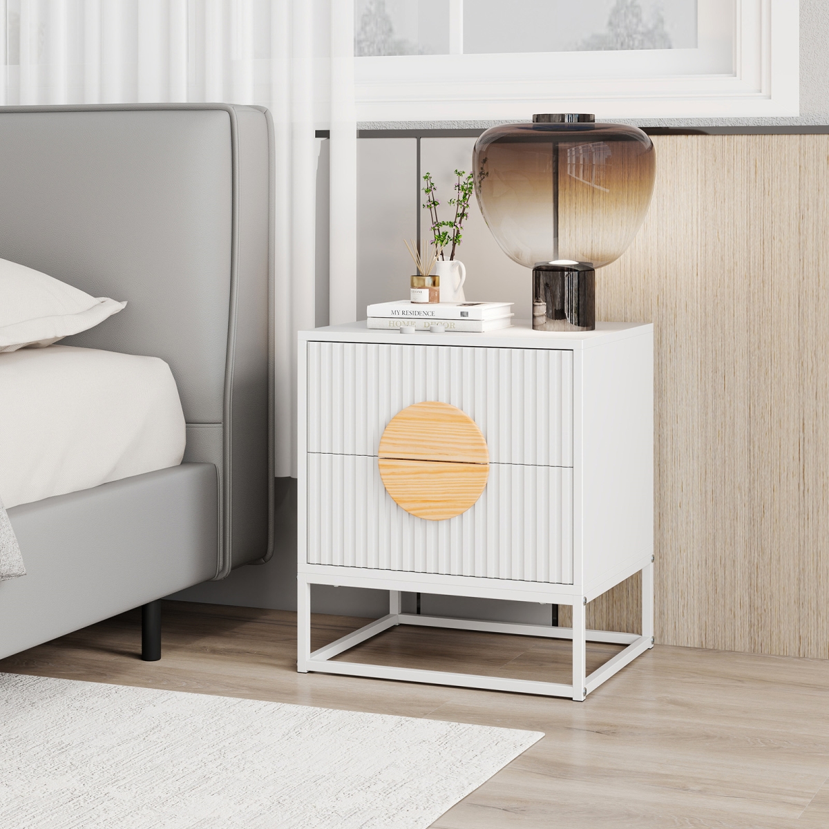HU11079WH Modern Mid Century Fluted Nightstand with 2 Drawers & Pine Wood Handles for Bedroom, White