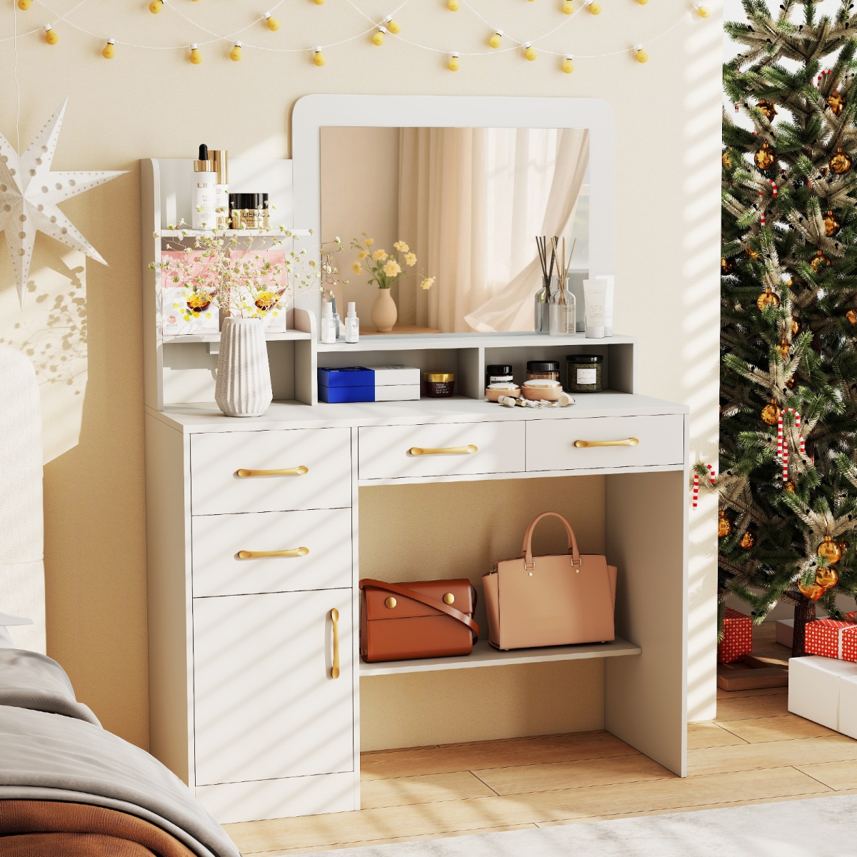 HU11080US-WH 39.5 in. Vanity Desk with Power Outlets & Mirror for Bedroom, White