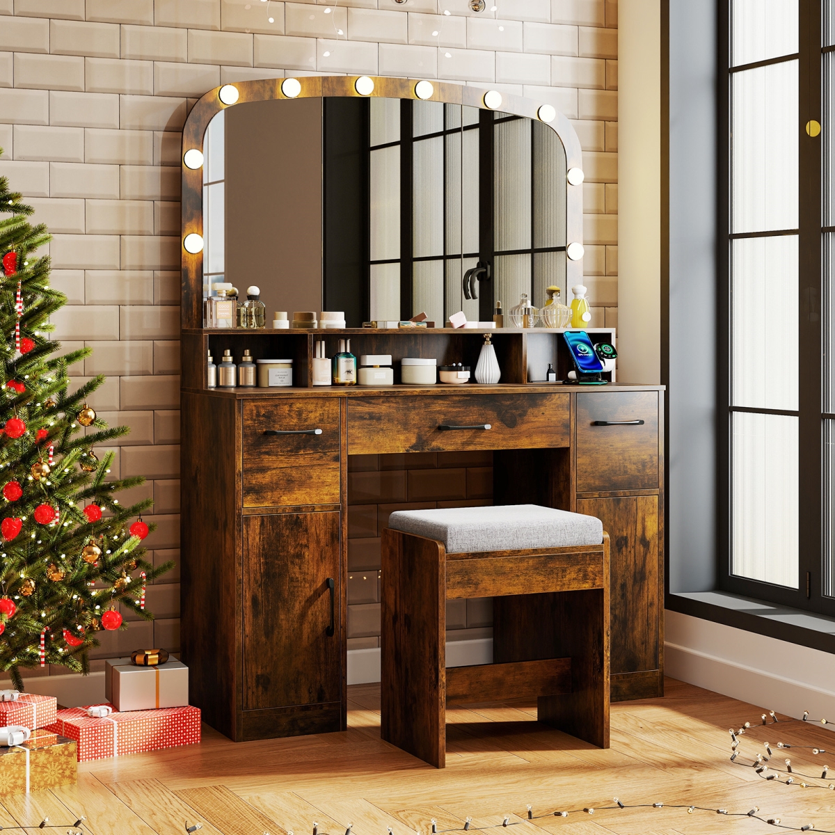 HU11089US-CF Vanity Desk Makeup Table with Stool 3-Color Lights & Charging Station, Rustic Brown