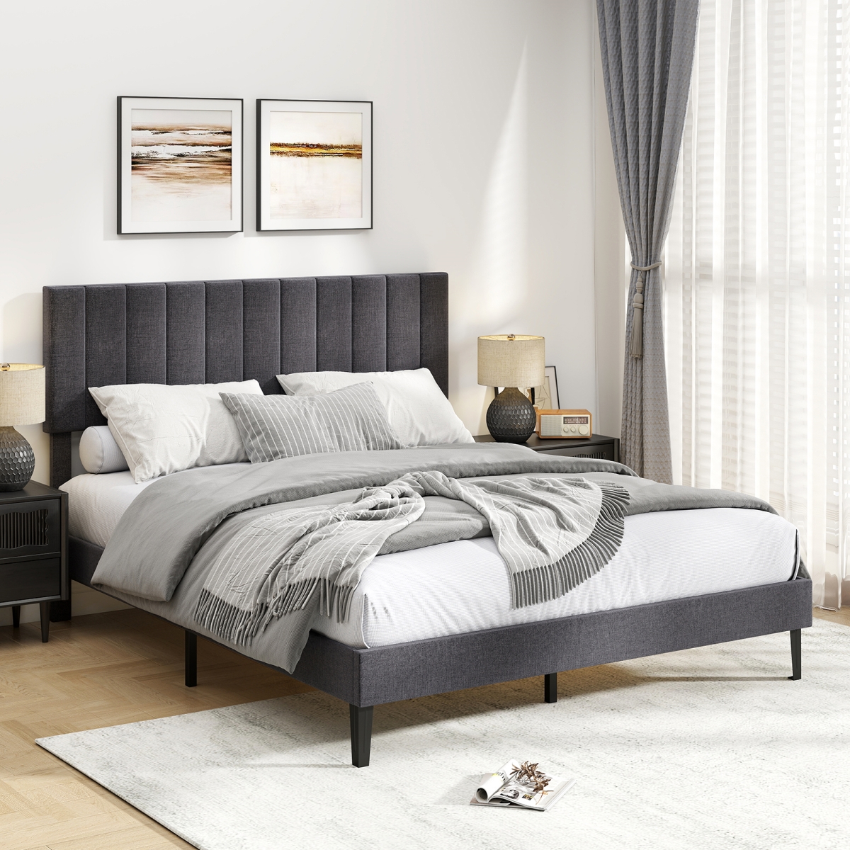HU11141US-QGR Velvet Upholstered Platform Bed with Height Adjustable Vertical Channel Headboard, Gray