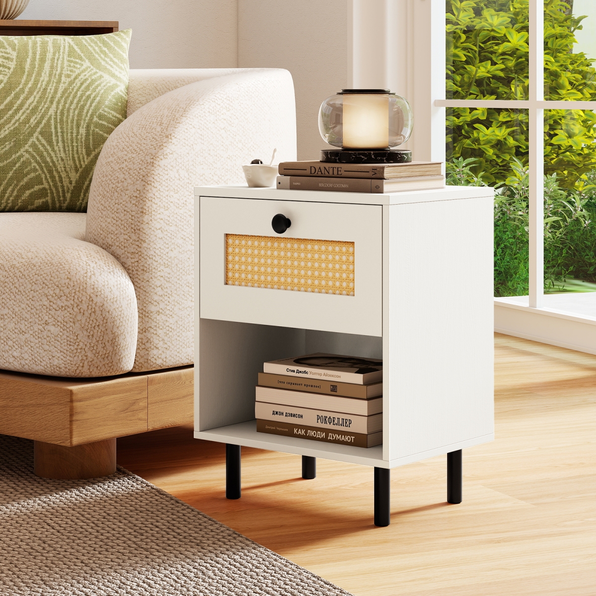 HU11187WH-1 Rattan Nightstand Boho End Table with Rattan Drawer & Open Shelf, White