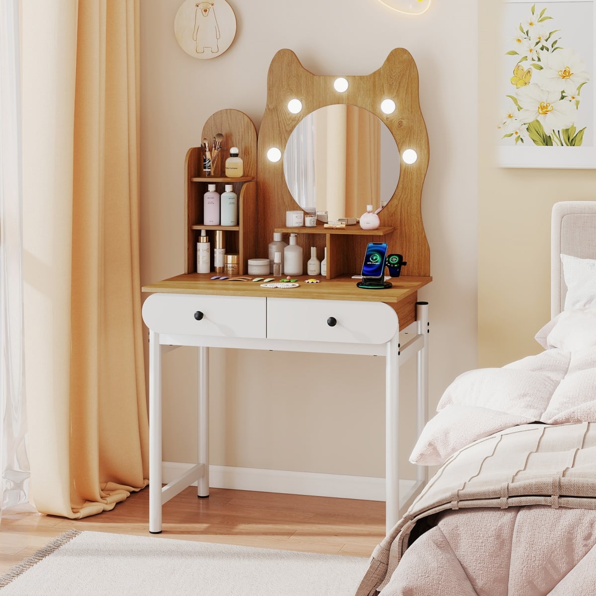 HU11189US-NA Small Vanity Desk with Mirror & Lights Cute Kitty Makeup Table with Power Outlets, Natural