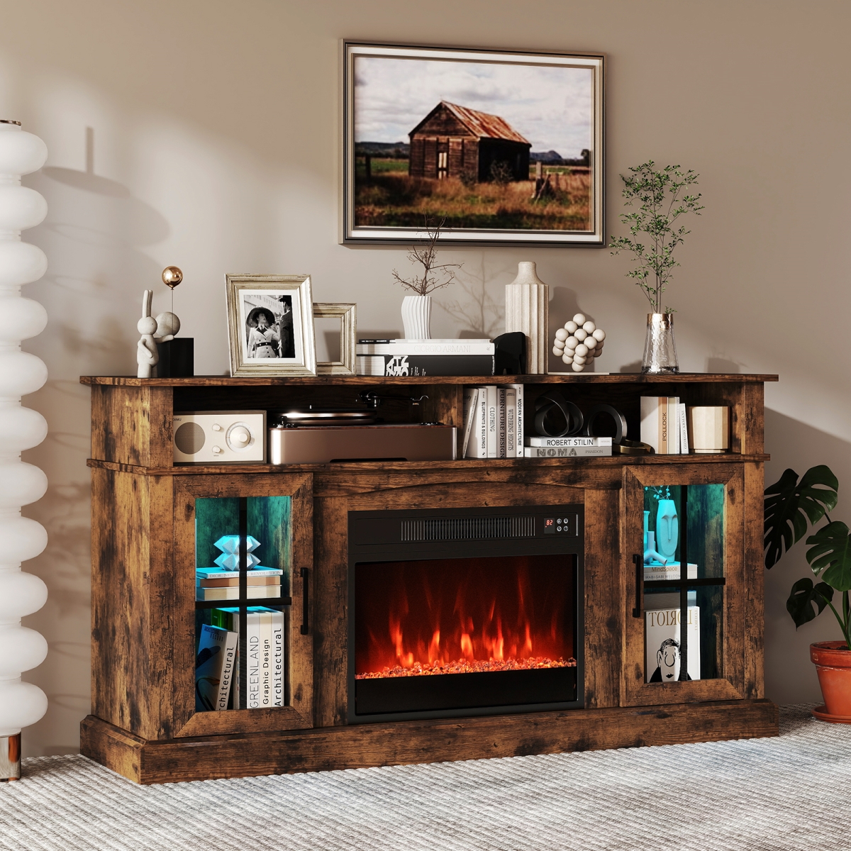 FP10886US-CF 58 in. Fireplace TV Stand with LED Lights with Storage Cabinets & Glass Doors, Rustic Brown