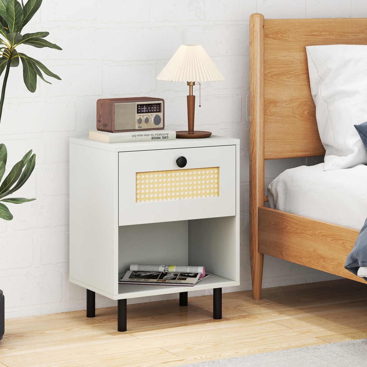 HU11187WH-2 Rattan Nightstand Boho End Table with Rattan Drawer & Open Shelf, White - Set of 2