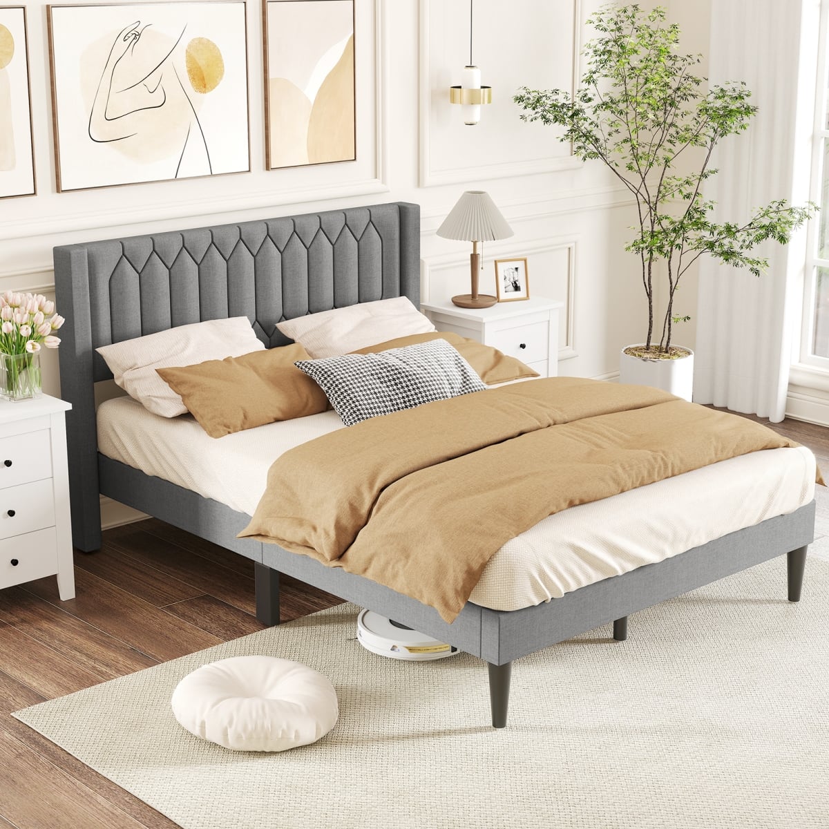 HU11284LR-Q Dutch Velvet & Linen Fabric Upholstered Platform Bed with Wingback Headboard & Wooden Slat Support, Gray - Queen Size
