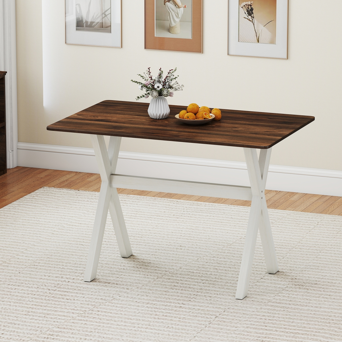 HV10807WH Modern Dining Table Wooden Kitchen Table with X-Shaped Frame, White