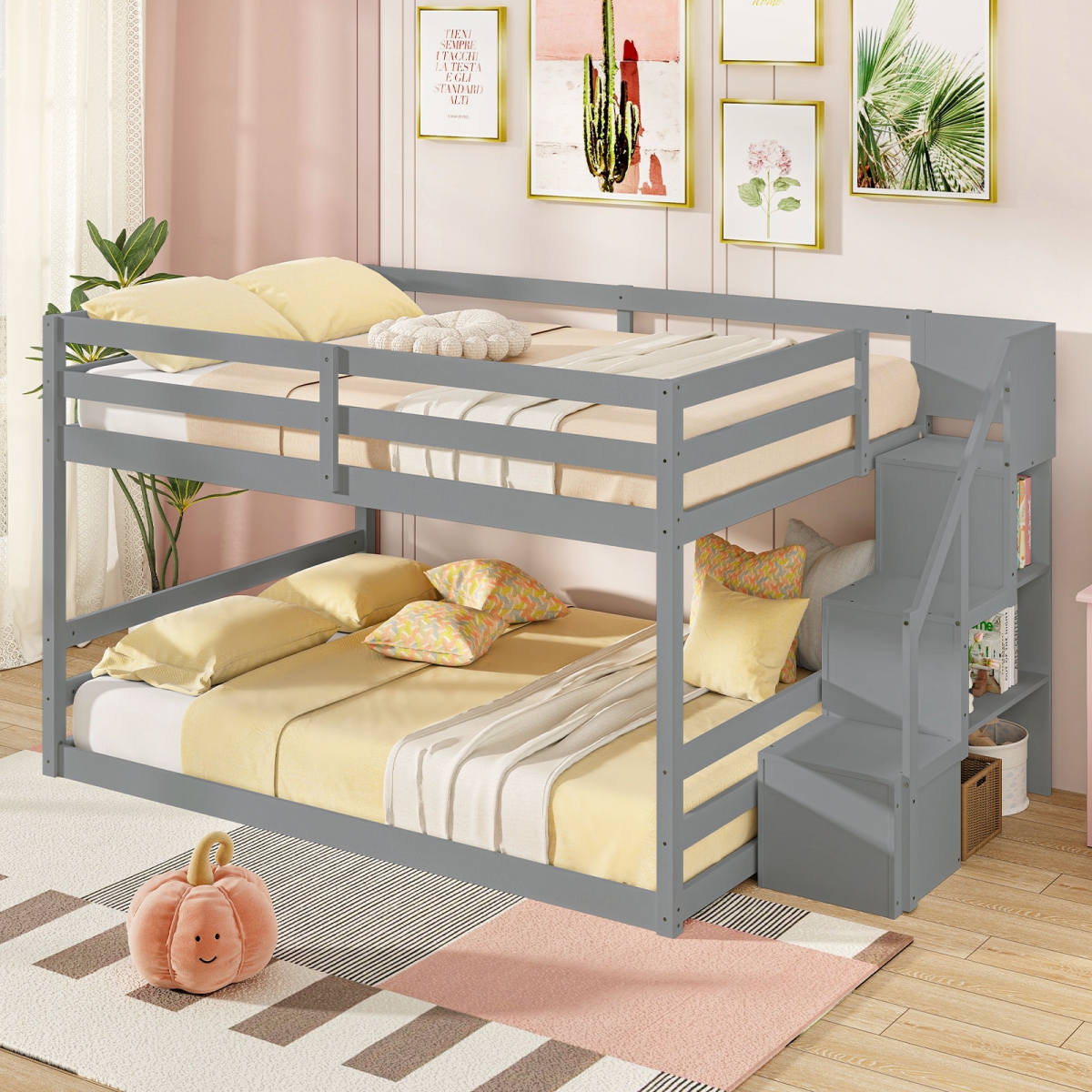 HU10920GR Solid Wood Full Over Full Size Low Bunk Bed with Storage Stairs, Gray