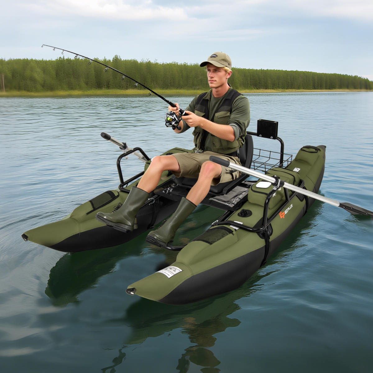 FT10005GN Inflatable Fishing Float Tube with Foldable Padded Seat & Adjustable Footrest, Green
